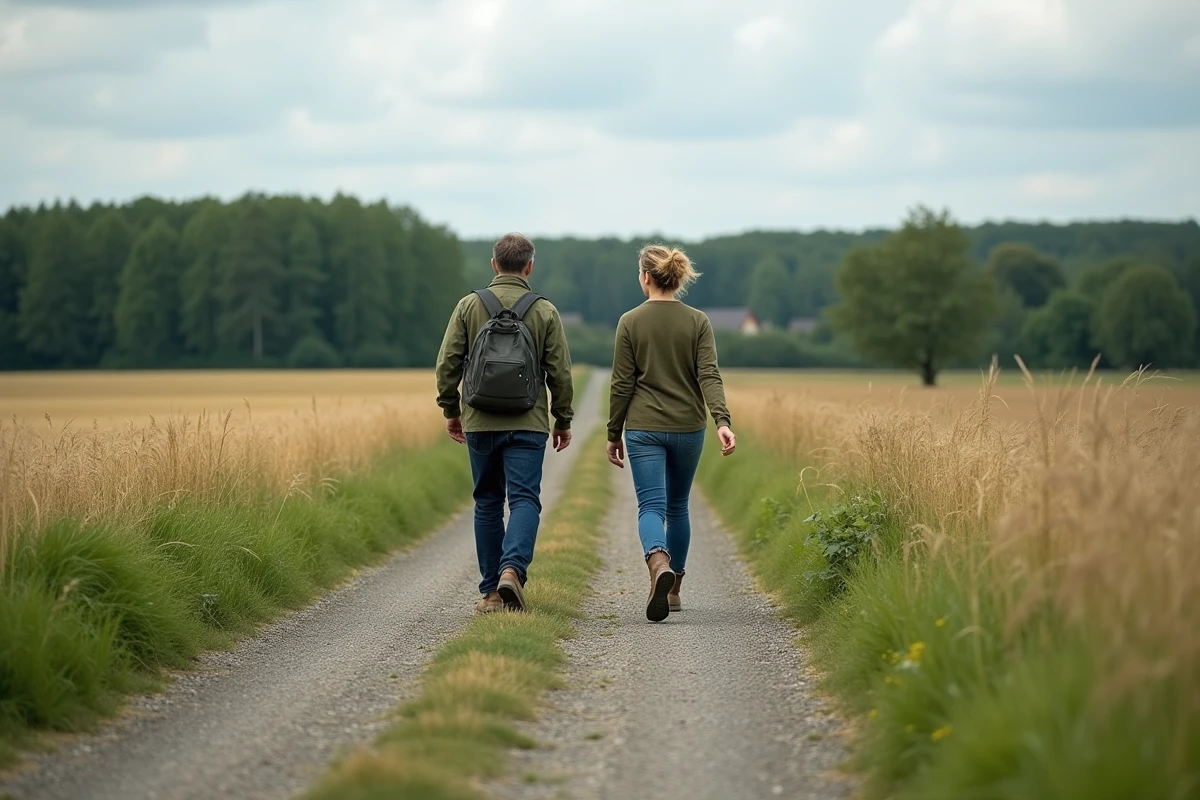 Deux personnes évaluant les critères d'un terrain agricole à louer pour un projet de permaculture en milieu rural