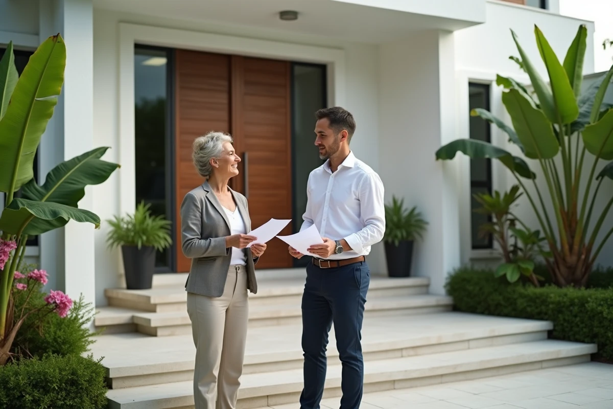Femme expatriée consultant un notaire thaïlandais devant une villa moderne à Koh Samui lors d'un processus d'achat immobilier