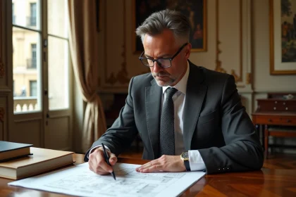 Expert immobilier en costume analysant l'estimation d'un hôtel particulier haussmannien avec des documents d'évaluation sur un bureau en acajou