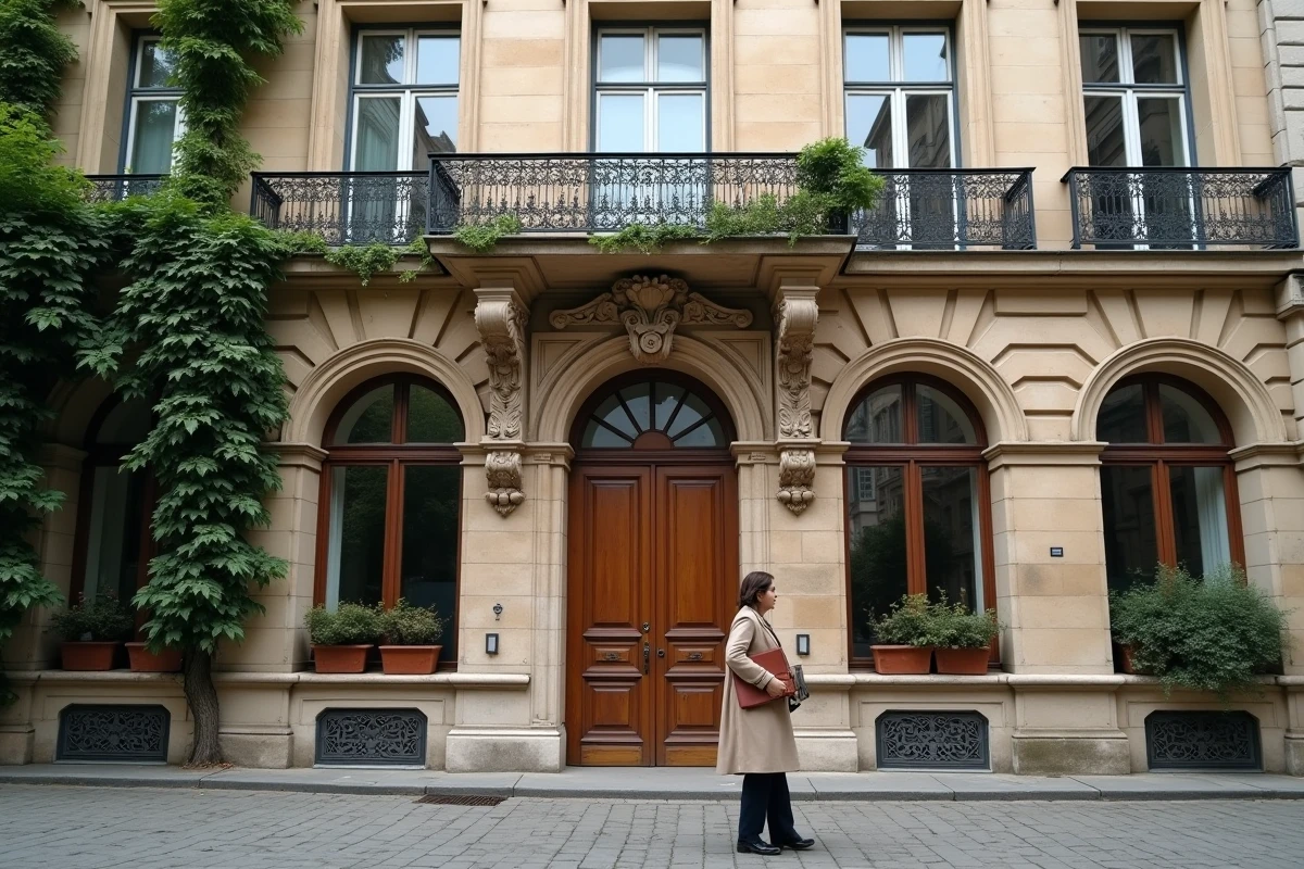 Façade d'un hôtel particulier parisien du XVIIIe siècle avec une architecte examinant la pierre de taille dans une cour intérieure pavée