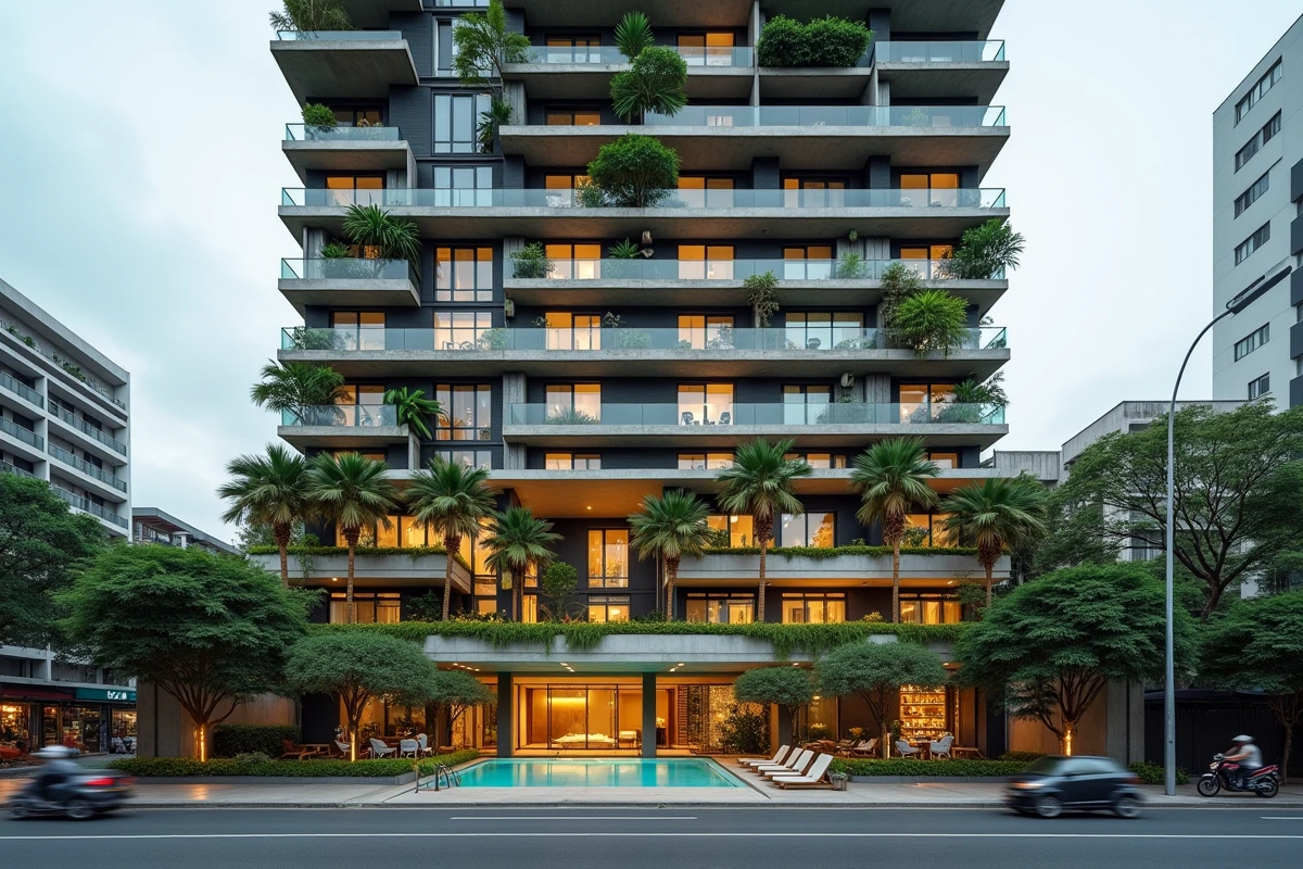Façade extérieure d'un immeuble de condominiums moderne à Bangkok avec piscine et végétation tropicale