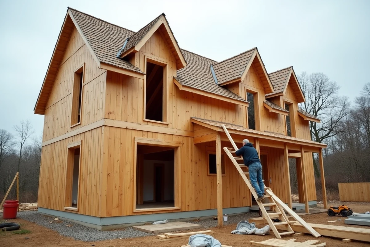 Façade d'une maison à ossature bois en cours de finition par un autoconstucteur installant le bardage en bois naturel