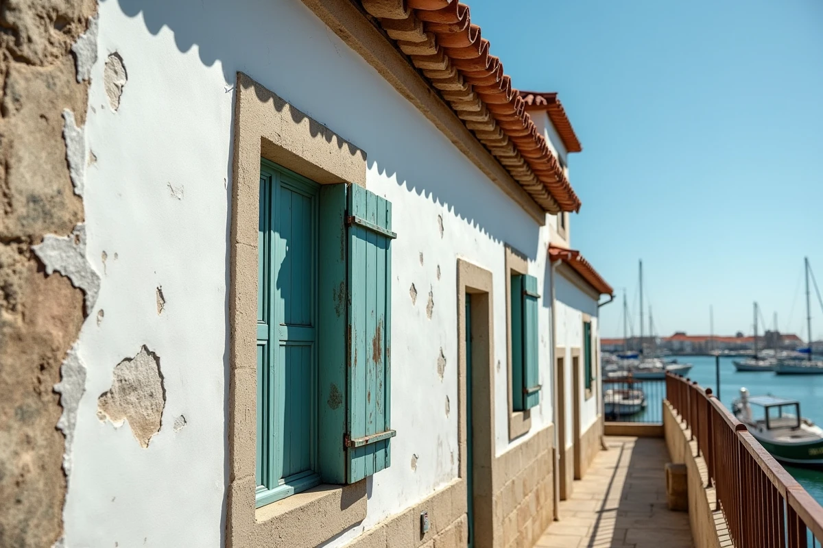 Façade authentique d'une petite maison de pêcheur à vendre au Portugal avec azulejos et volets en bois turquoise