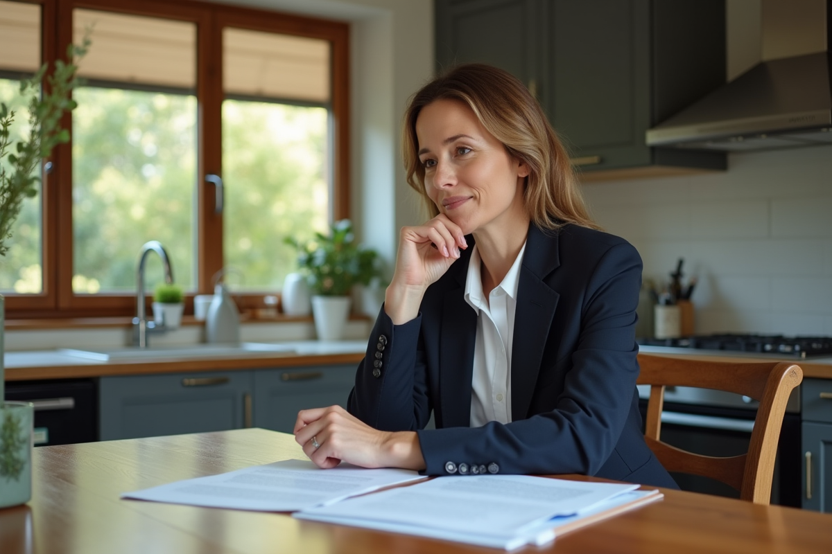 Femme d'affaires réfléchissant sur documents d'achat immobilier