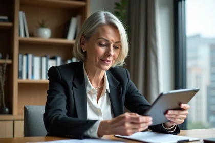 Femme d affaires avec tablette dans un appartement moderne