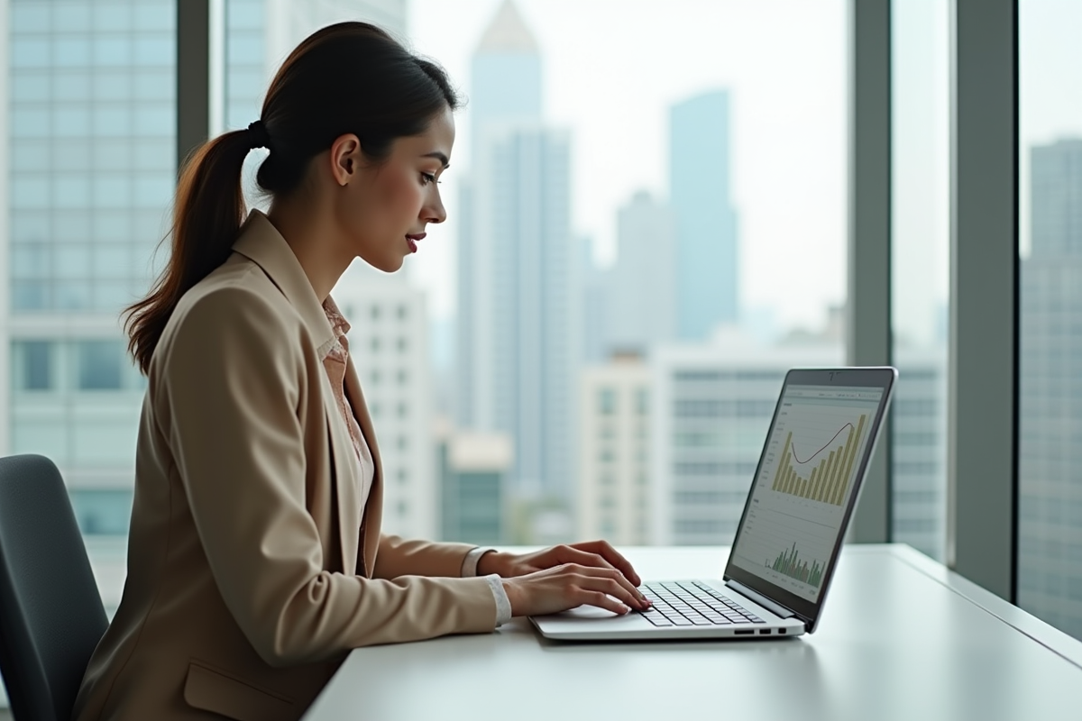 Femme professionnelle regarde un graphique de prêt immobilier