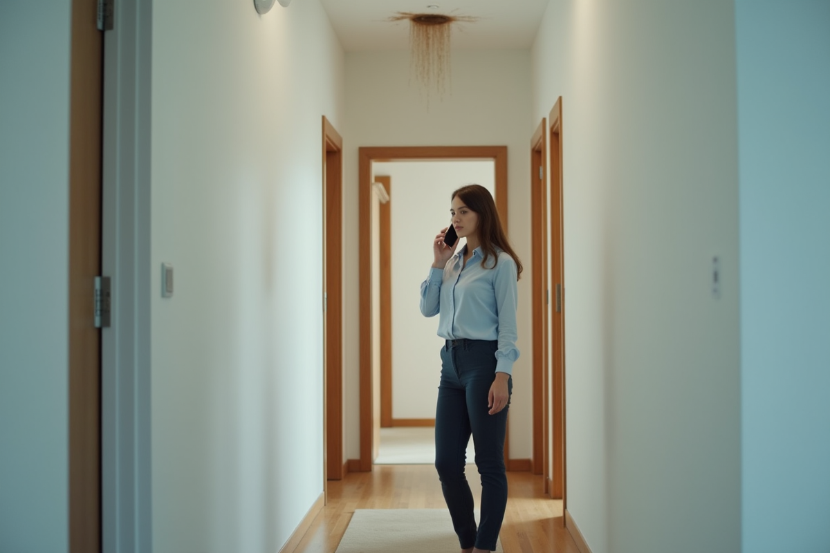Jeune femme téléphonant face à une tache d