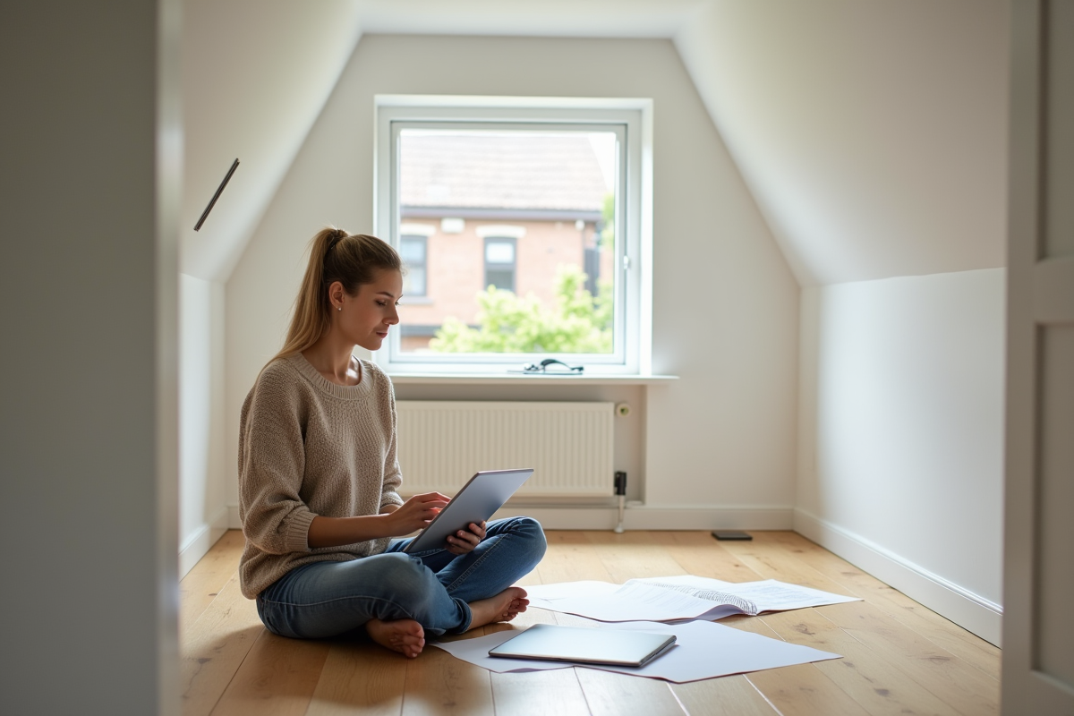 Jeune femme dans un grenier lumineux travaillant sur des papiers et une tablette
