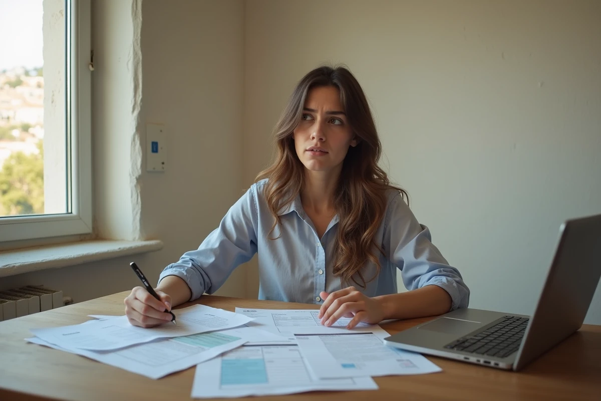 Femme seule consultant des factures et contrats de location sur une table de cuisine dans un appartement vide du sud de la France