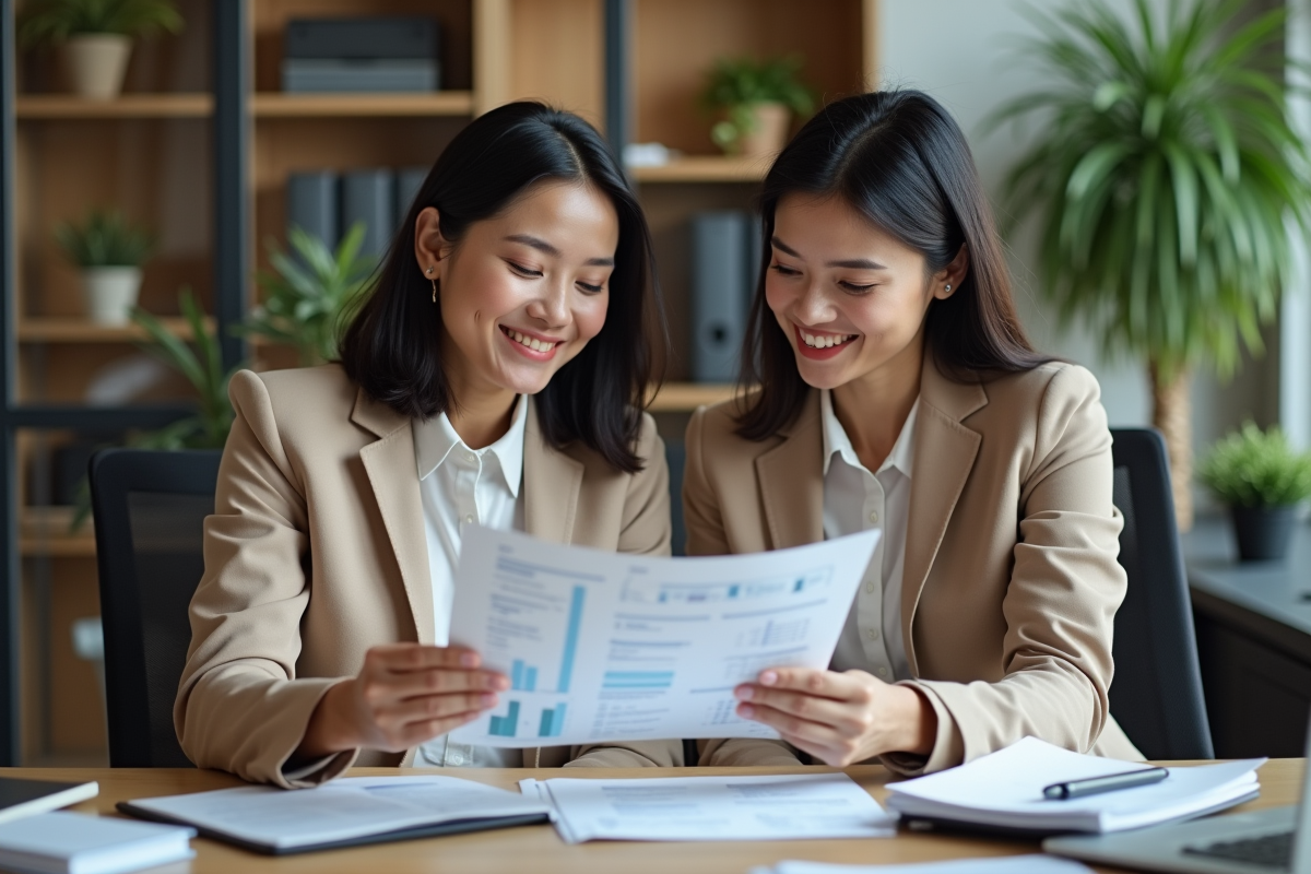 Femme en blazer beige discute avec comptable dans un bureau