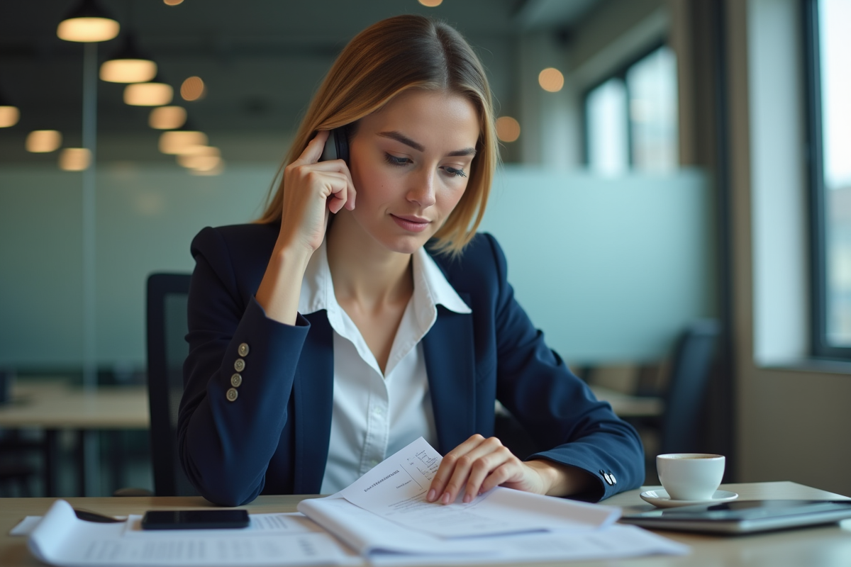 Femme d'affaires en bureau examinant des documents financiers