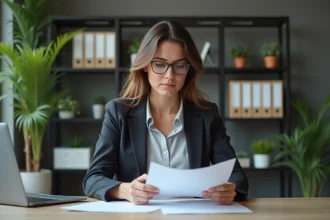 Femme en bureau lisant une lettre officielle