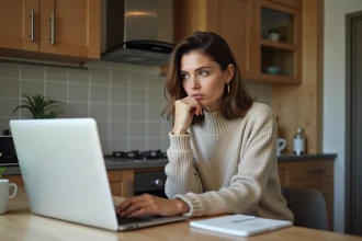 Femme décontractée travaillant sur son ordinateur dans la cuisine
