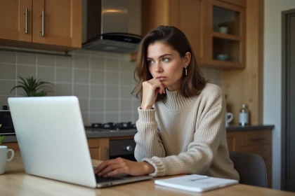 Femme décontractée travaillant sur son ordinateur dans la cuisine