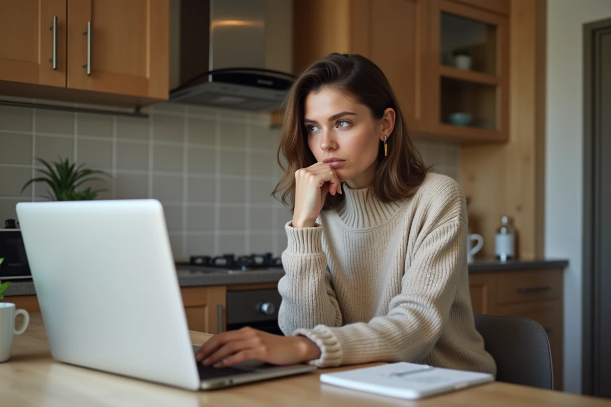 Femme décontractée travaillant sur son ordinateur dans la cuisine