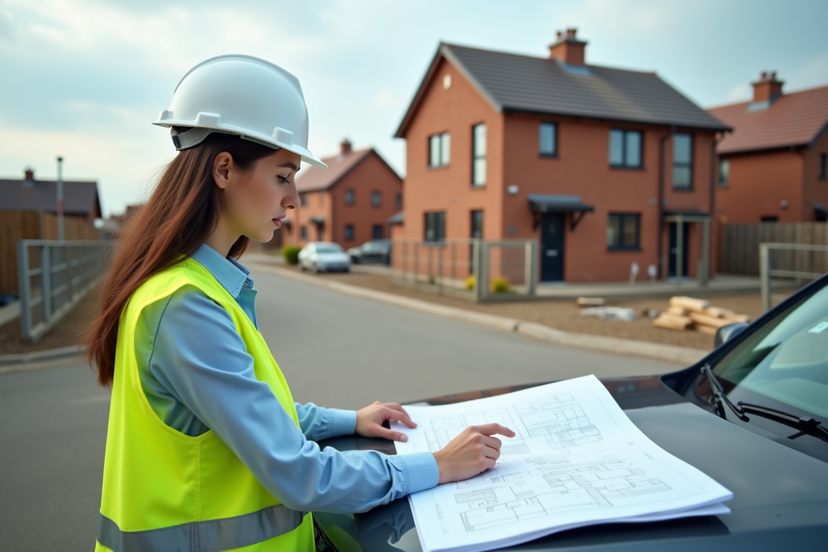 Jeune femme en casque pointant des plans sur un chantier résidentiel