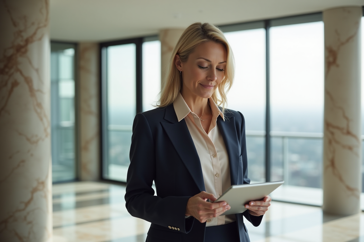 Femme confiante en blazer navy dans un penthouse lumineux