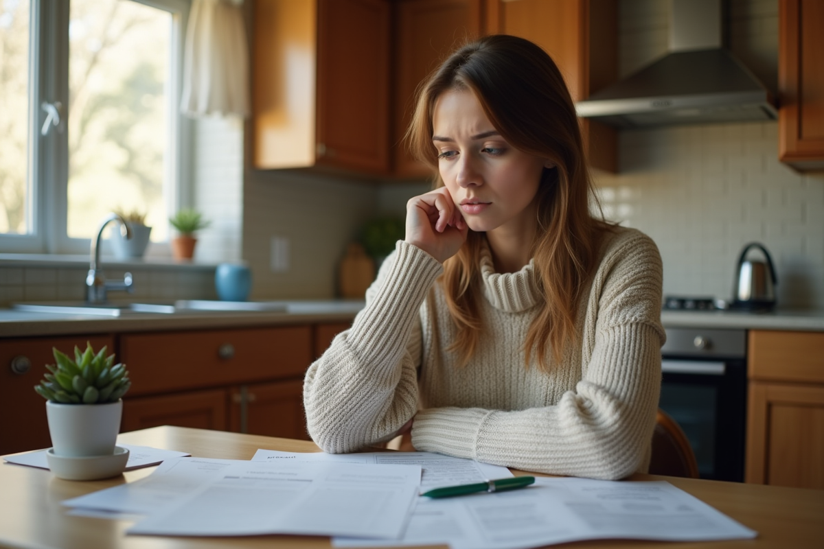 Jeune femme examinant un contrat dans sa cuisine
