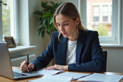 Femme en costume examinant des documents de prêt immobilier