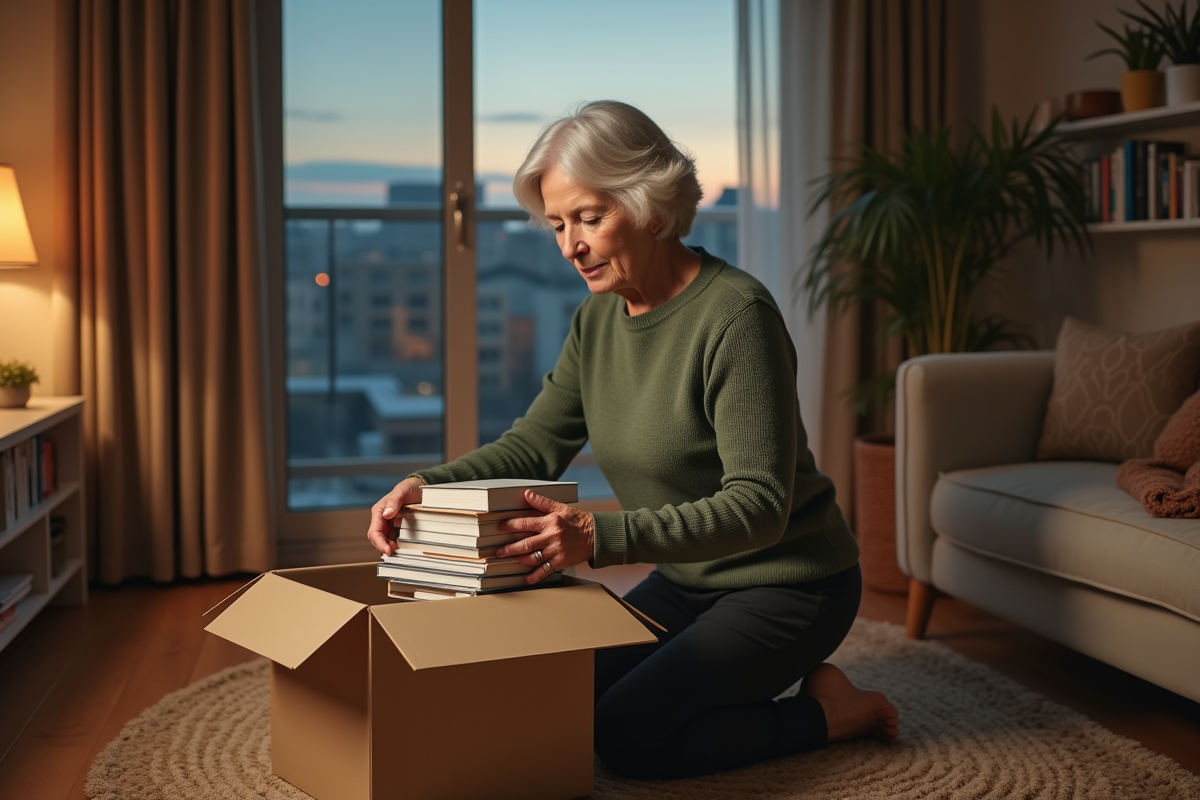 Femme âgée déballant des livres dans un salon chaleureux