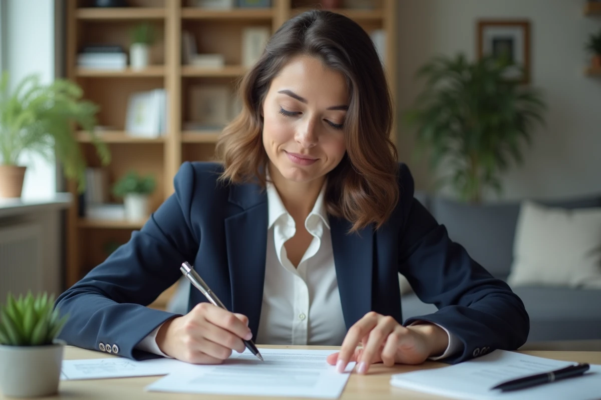 Femme d'affaires signant une lettre de demission dans un interieur lumineux