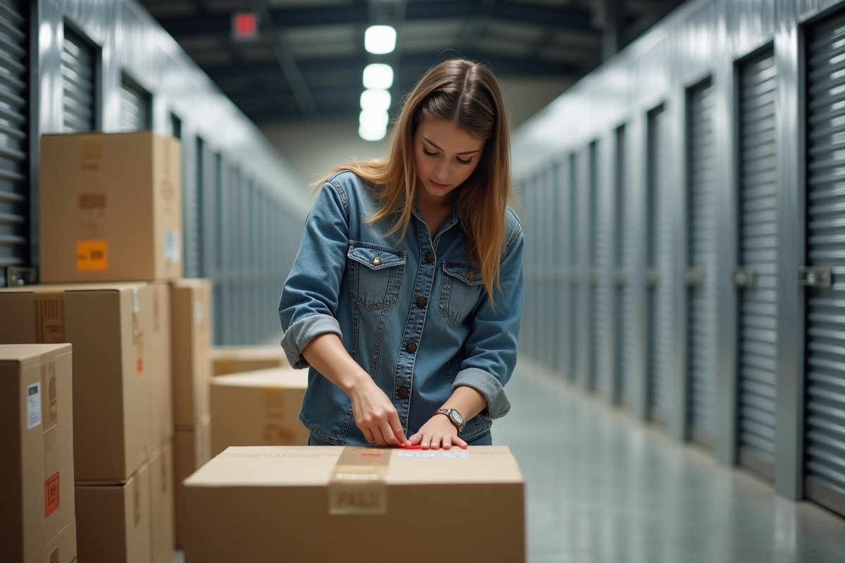 Femme emballant une box dans un centre de stockage moderne