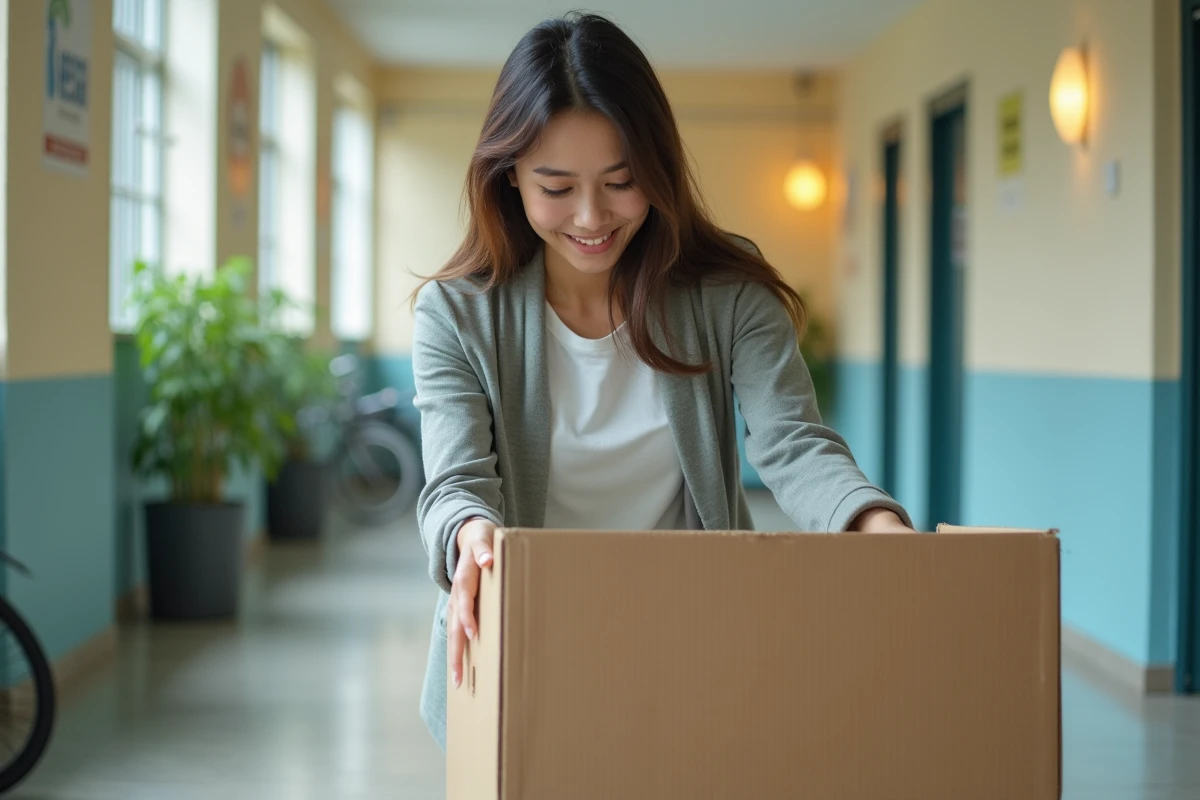 Jeune femme emballant une boîte dans un hall lumineux