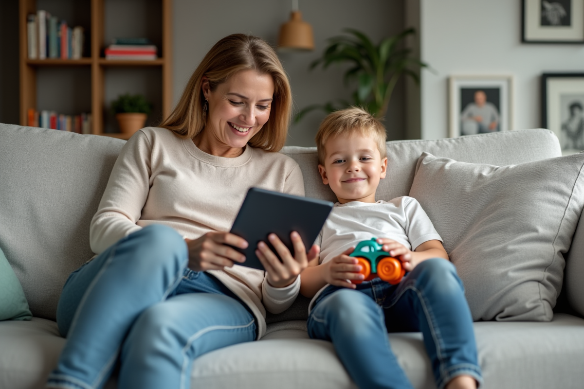 Femme et enfant relaxent sur un canapé dans un salon moderne