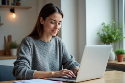 Femme consultant son espace client MyFoncia sur un ordinateur portable depuis son bureau à domicile