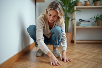 Femme française pointant une tache d'eau sur le sol en bois