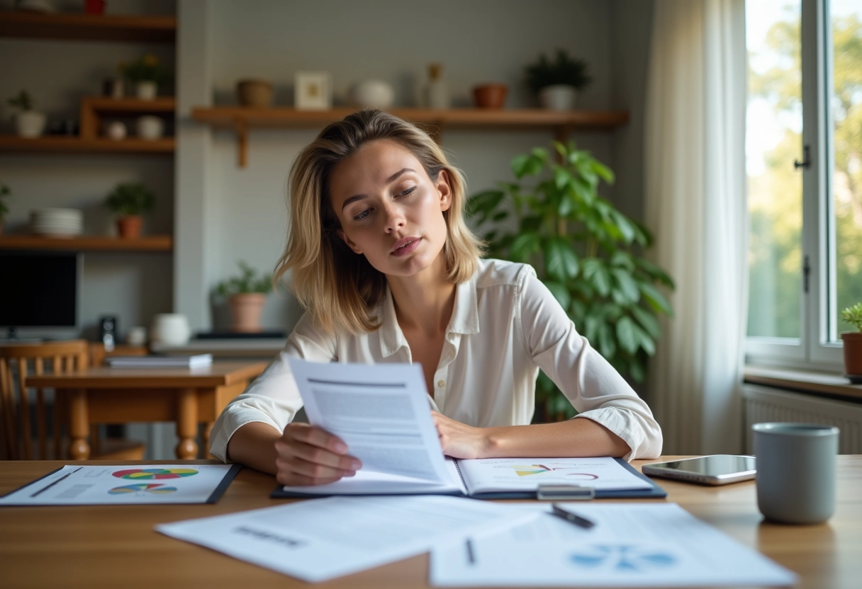 Femme étudie un rapport immobilier dans son appartement lumineux