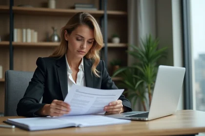 Femme professionnelle examine documents de mortgage