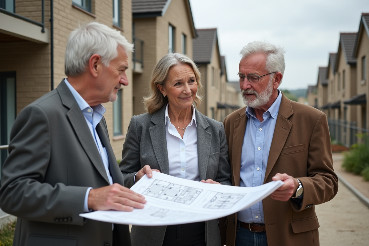 Femme gestionnaire discutant avec un couple sur un chantier