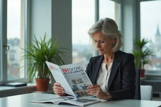 Femme professionnelle lisant Oh Magazine Immobilier dans un bureau lumineux