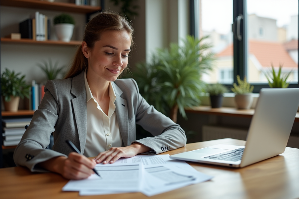 Femme professionnelle dans un bureau moderne étudiant des documents immobiliers