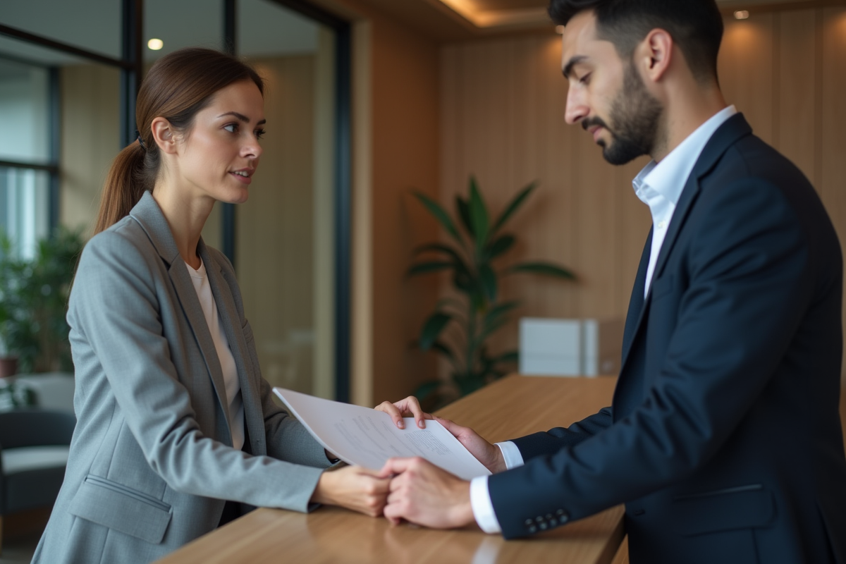 Femme d'affaires confiante remettant un document à un agent immobilier