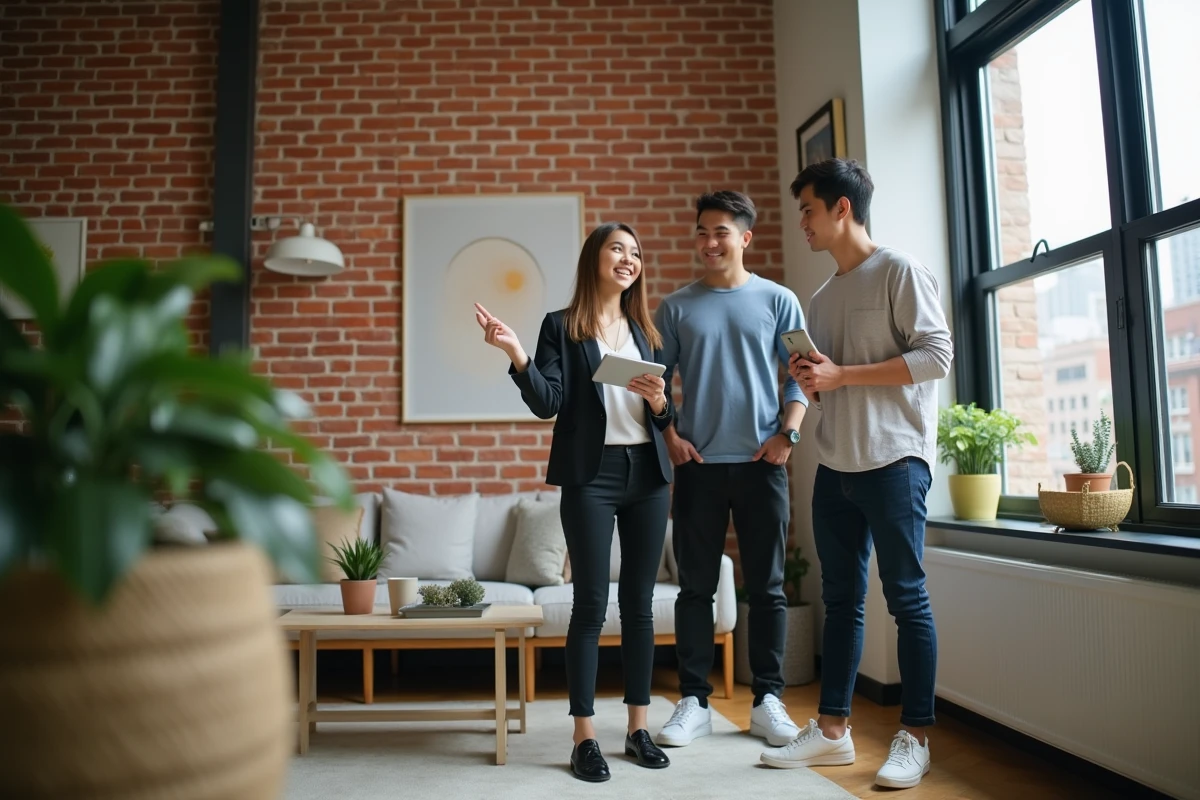 Femme en business casual montrant un mur rénové à un couple