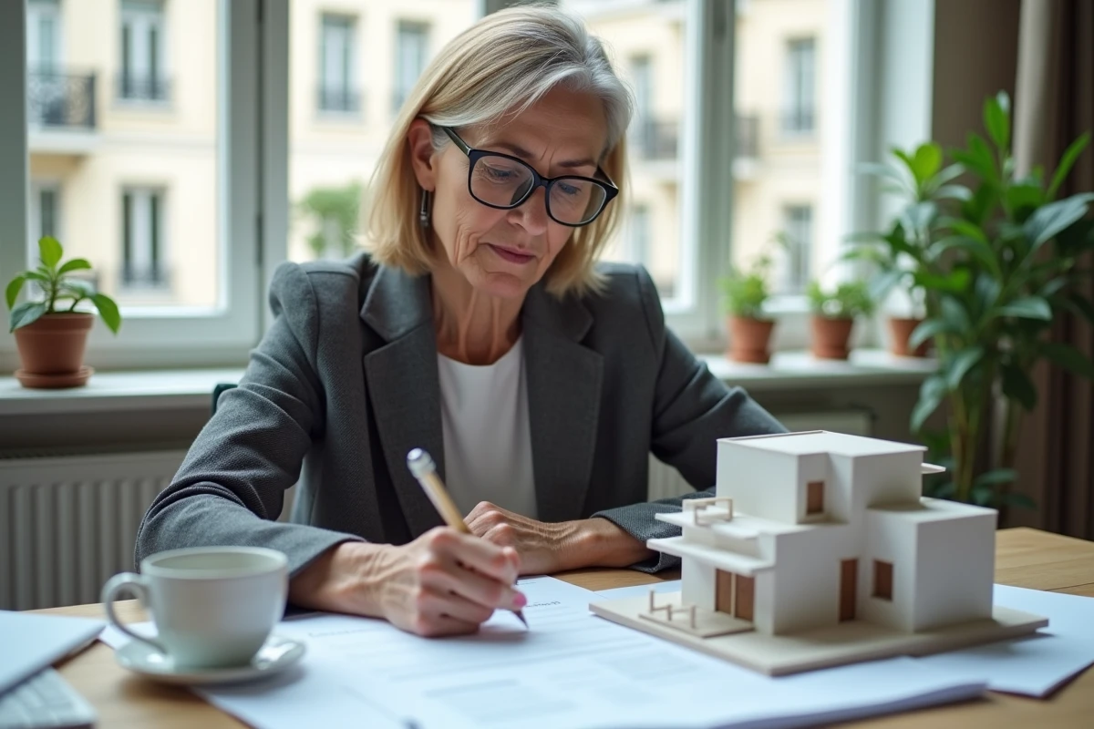 Femme investisseuse étudiant un rapport de fiscalité immobilière dans un bureau à domicile moderne