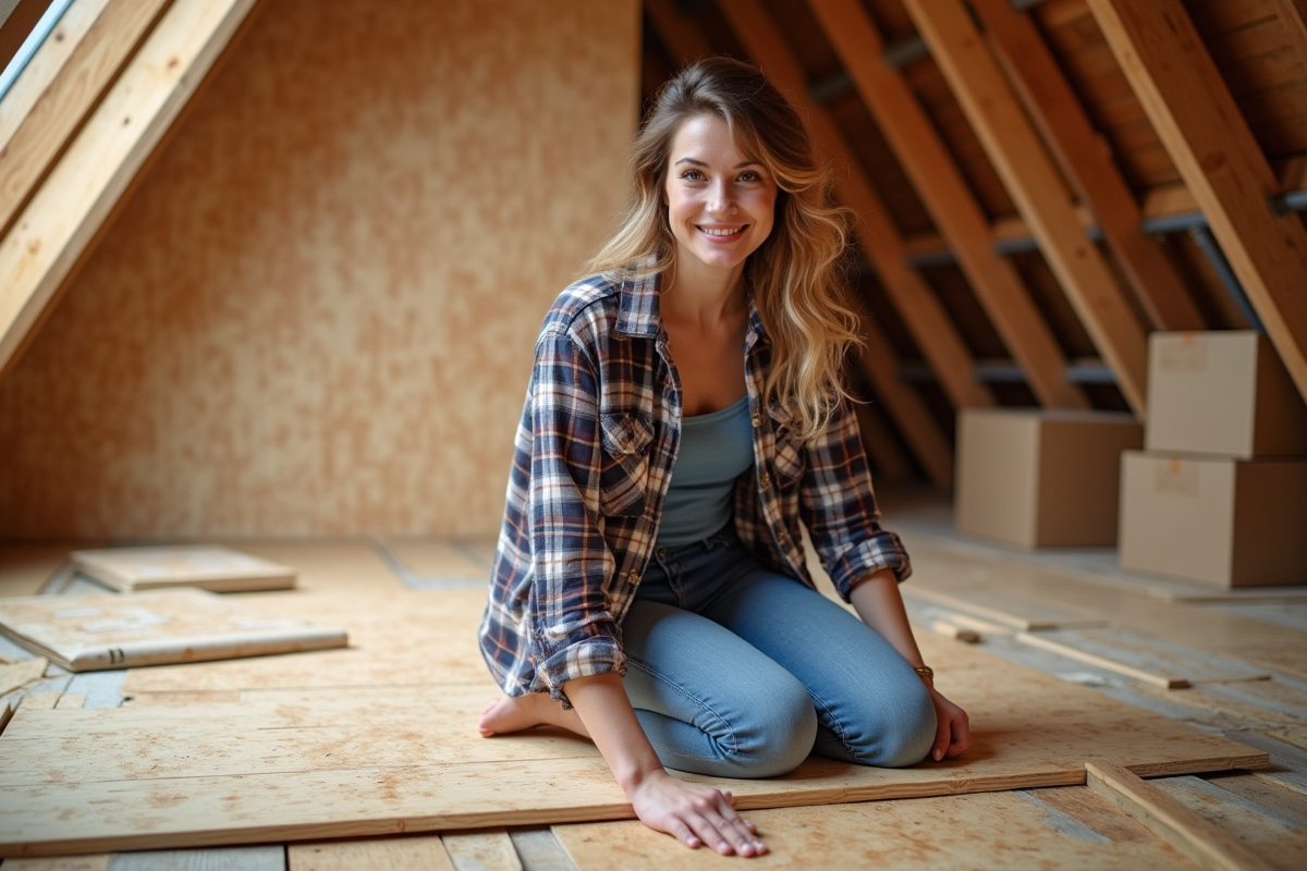 Femme posant l'isolation dans un grenier en rénovation