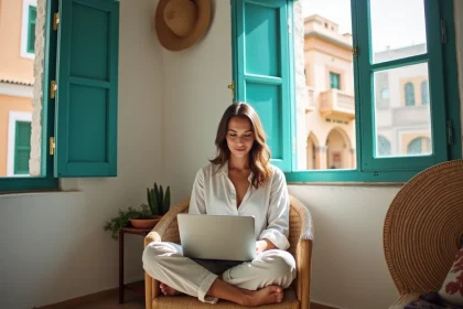 Jeune femme assise avec un ordinateur dans un appartement à Essaouira