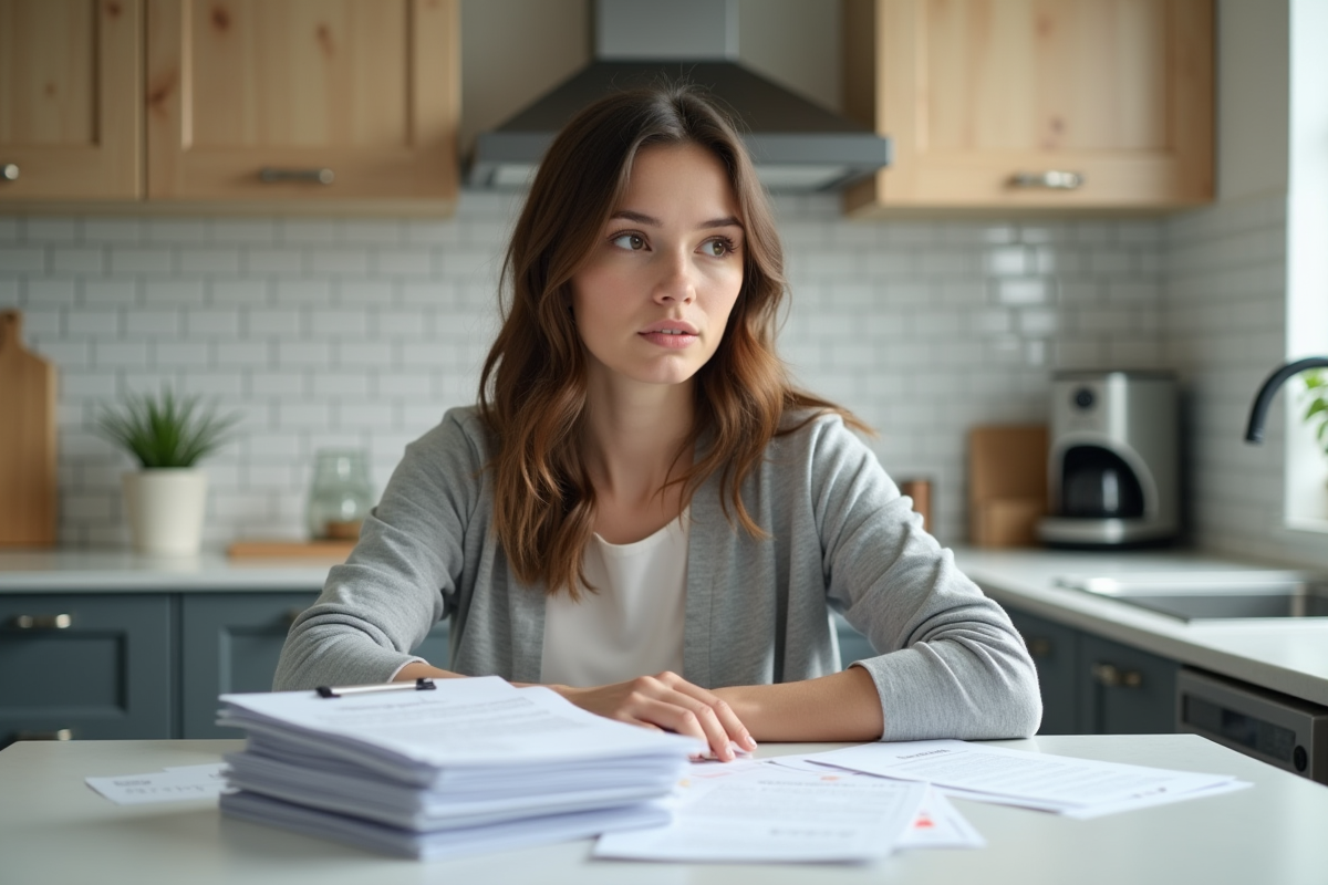 Jeune femme lit documents avec certificat DPE dans cuisine lumineuse
