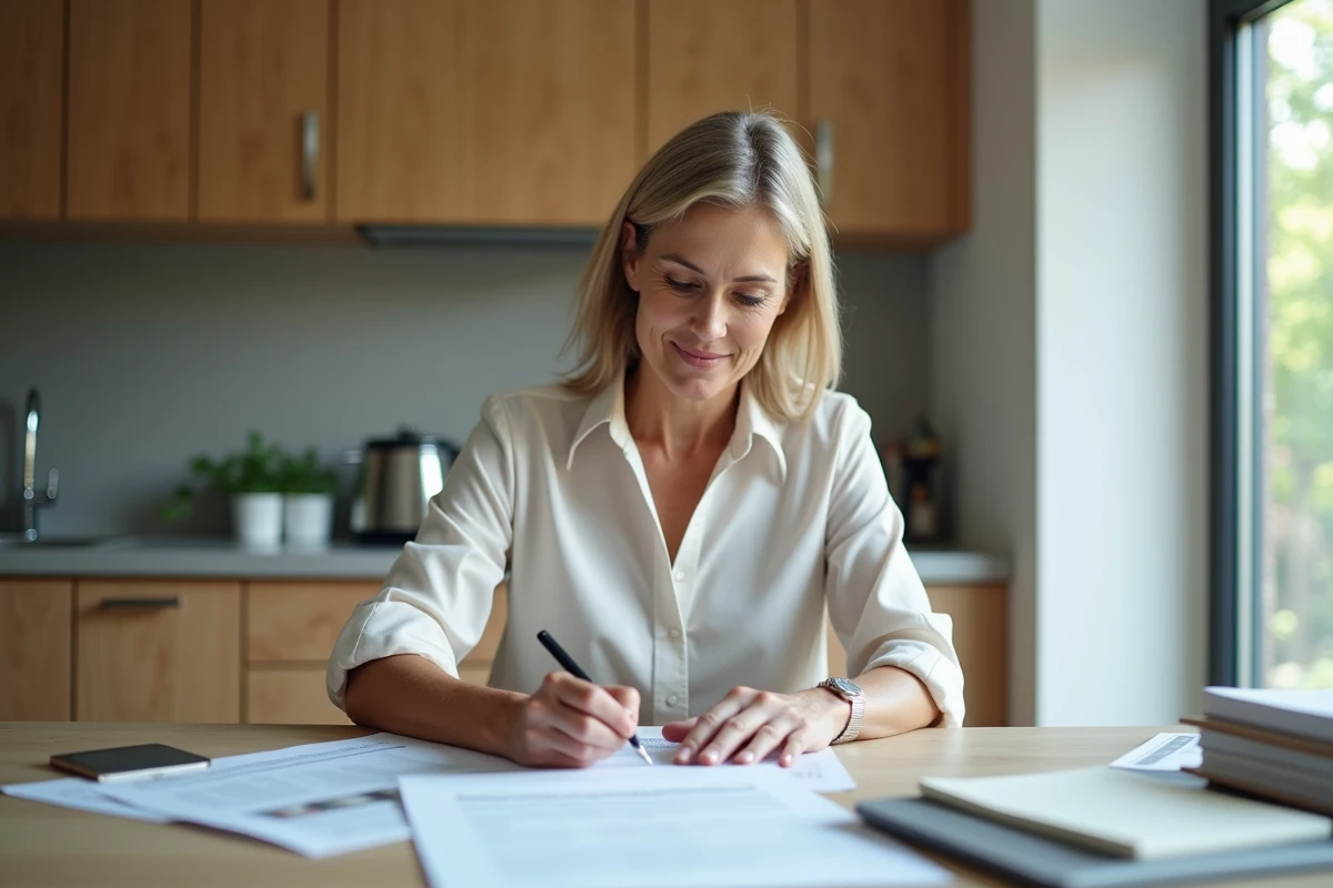 Femme d'âge moyen examinant des documents de location dans une cuisine moderne