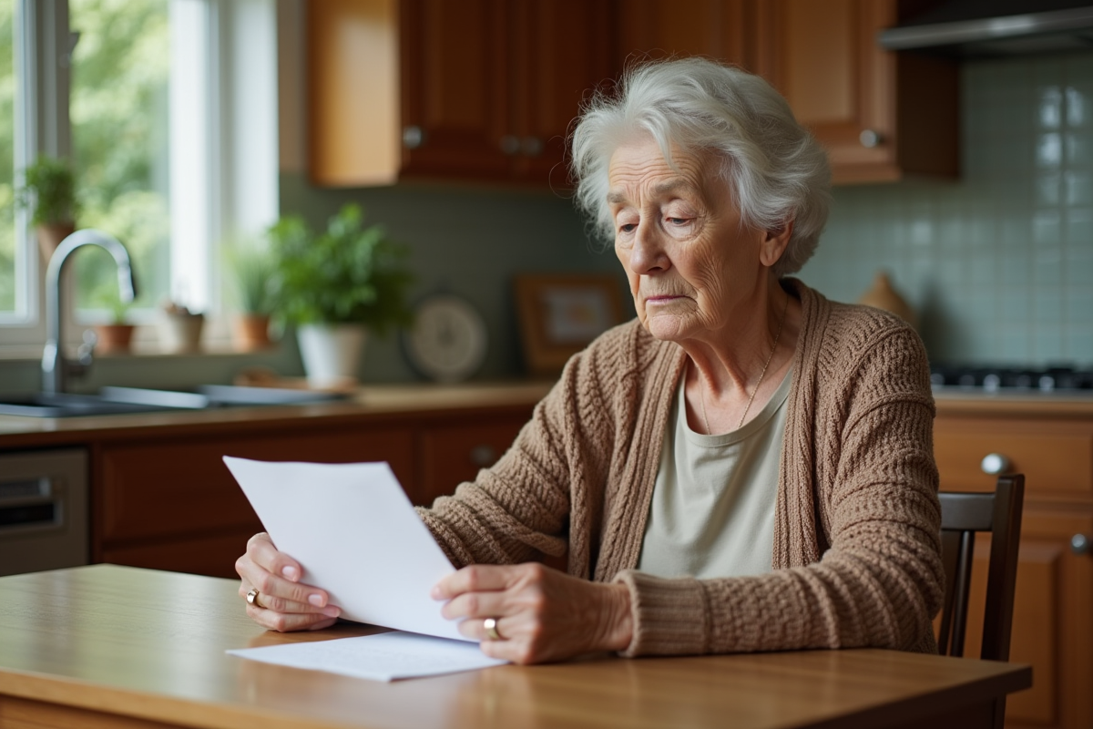 Femme âgée lisant une lettre dans sa cuisine chaleureuse