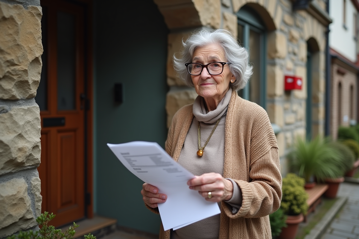 Femme âgée tenant documents fiscaux devant sa maison