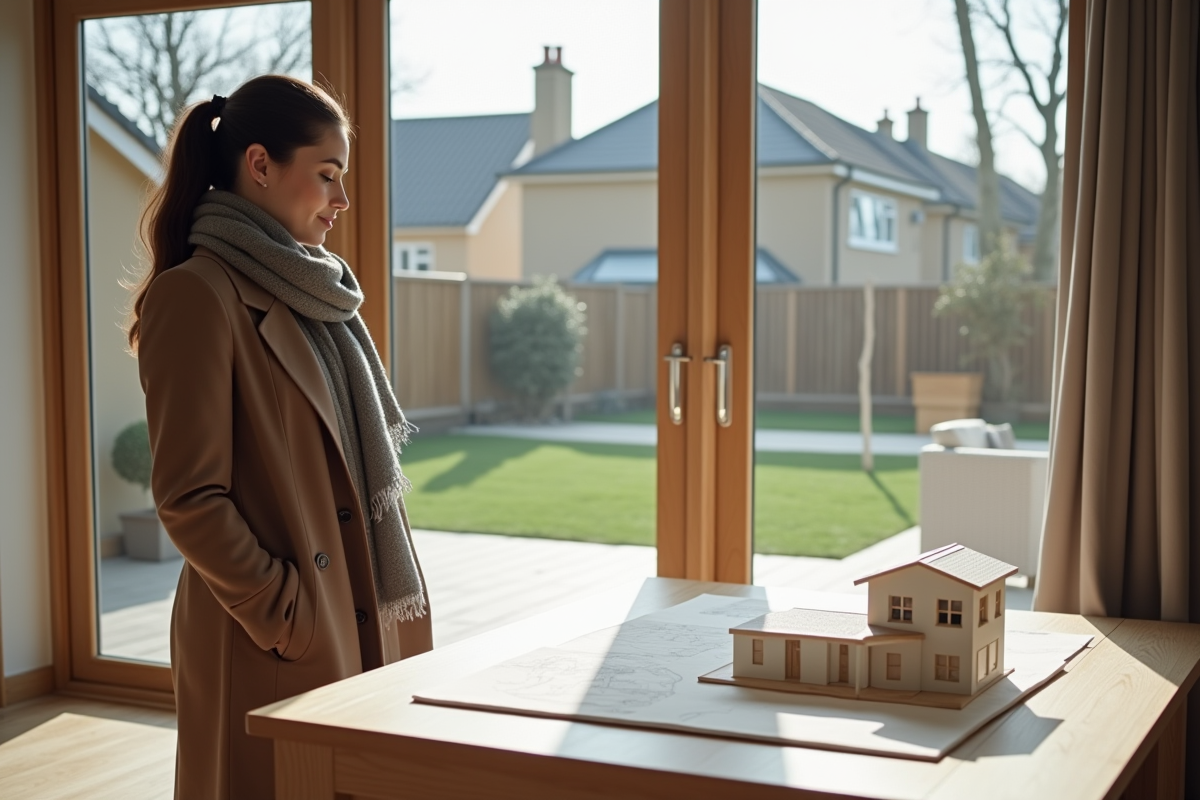 Femme regardant maquette de projet immobilier intérieur