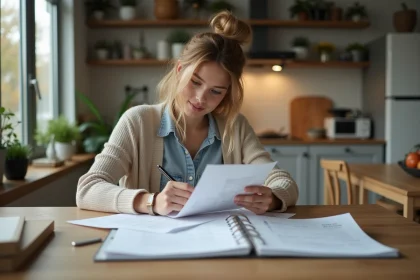 Jeune femme organisant ses factures à la maison