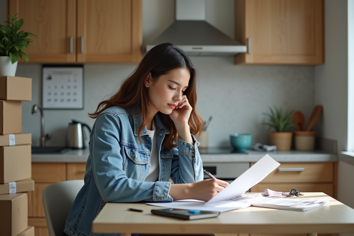 Femme comptant des billets et vérifiant une liste dans une cuisine