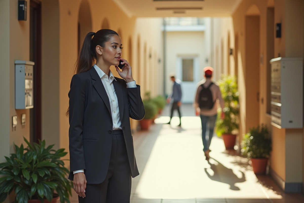 Jeune femme en blazer parlant au téléphone dans un hall en rénovation