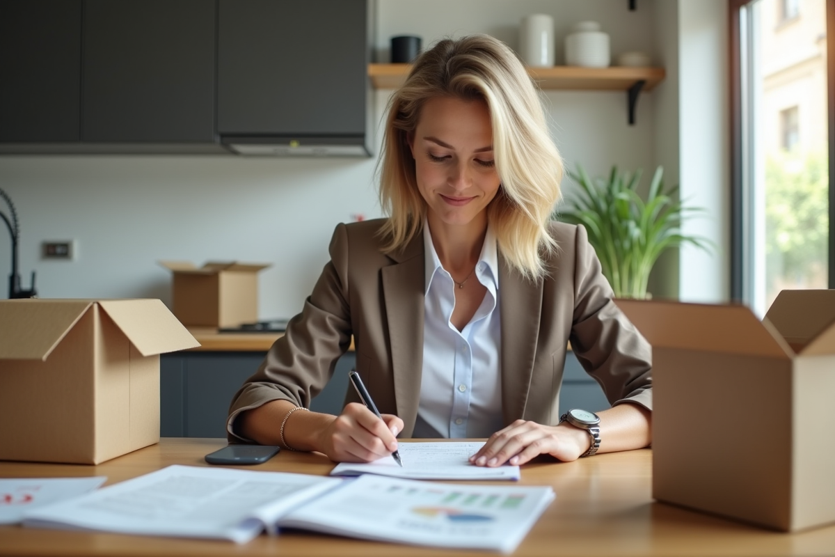Femme d age moyen remplissant ses papiers dans la cuisine