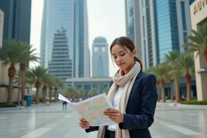 Femme d'affaires regardant une carte devant Almas Tower à Dubai